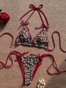 Swim SXY Summer Leopard Print Bowknot Front Halter Spaghetti Strap Bikini Swimwear Set For Women