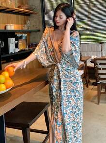 DAZY Women's Floral Print Self Tie Waist Kimono Cover Up With Batwing Sleeves, For Summer Beach Vacation Boho Cruise Women Outfits - Blue - View 2