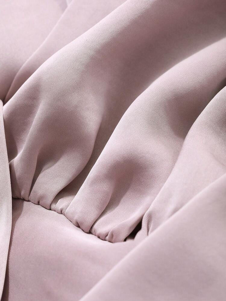 1set Solid Color Women's Twist Pleated Puff Sleeve Shirt And A-Line Skirt 2 Pieces Outfit,Fall Women Clothes