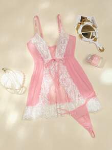 مجموعة ملابس داخلية تتكون من فستان كامي سكسي مزين بالرويش والأربطة على الجزء الأمامي وسروال جي سترنج - وردي - مشاهدة 1