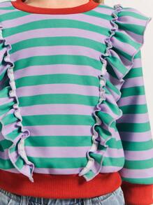 SHEIN Leap Crew Young Girls Colorblock Striped Ruffled Crew Neck Long Sleeve Sweatshirts, Fashionable & Cute Style For Autumn/Winter - Blue - View 4