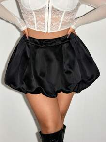 SHEIN ICON Plus Size Black Pleated Bubble Skirt, Casual For Everyday Wear