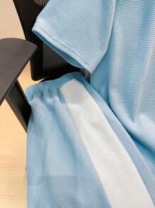 SHEIN 2pcs/Set Teen Boys Casual Short Sleeve Shorts Set, Streetwear Punk Rock School Style Outfit For Daily, Party, Music Festival, Suitable For Spring/Summer, Color Block In Light Blue & White - Blue - View 7