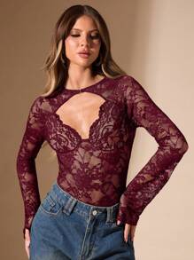 SHEIN BAE 黑色纯色性感简约优雅透明蕾丝金属装饰方领长袖女式紧身衣，适合鸡尾酒会、浪漫约会、秋冬季汗衫、派对、正式活动、夜间外出、婚礼嘉宾、万圣节、圣诞节 - 酒紅色 - 查看 5