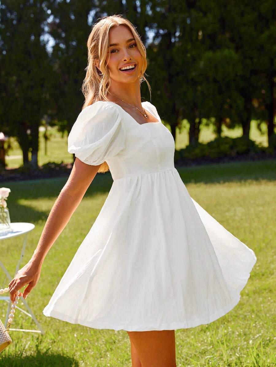 KARISMINA Women's Solid Color Short Sleeve Square Neck Puff Dress For Summer,White Graduation Dress,For Summer Vacation,Women Summer Clothing
