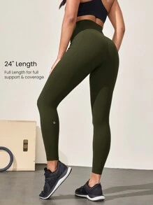 GLOWMODE Leggings con fajín y bolsillos laterales FeatherFit™-Sculpt de 24 pulgadas, con ajuste ceñido y antideslizante, control de abdomen, adecuado para entrenamiento, ejercicio y gimnasia de impacto medio - Verde militar - Ver 5