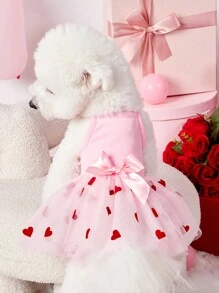 PETSIN 1pc Pet Valentine's Day Pink Knitted Patchwork Red Heart Flocked Mesh Bow Decor Cute & Sweet Dog Dress