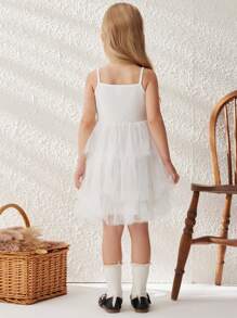 Blossori Young Girls French Elegant White Knit Mesh Panel A-Line Strap Dress, Spring/Summer - White - View 2
