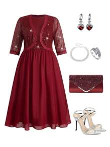 Ellevyn Ensemble 2 pièces de la Saint-Valentin, grande taille. Ensemble élégant pour femme avec veste en patchwork de sequins et de mousseline, et robe rouge à encolure ronde sans manches. Ensemble pour les rendez-vous et les fêtes, vêtements de printemps - Rouge foncé - Voir 1