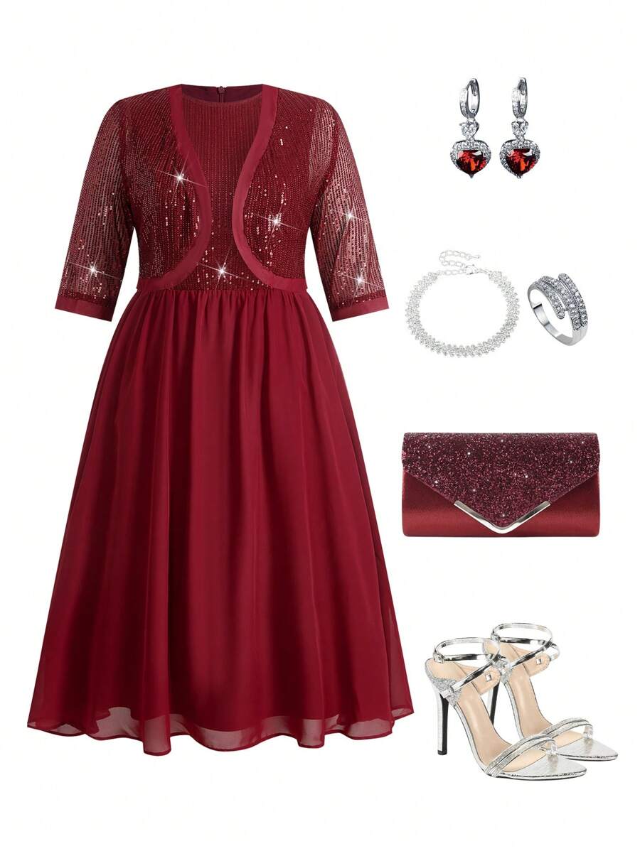 Ellevyn Ensemble 2 pièces de la Saint-Valentin, grande taille. Ensemble élégant pour femme avec veste en patchwork de sequins et de mousseline, et robe rouge à encolure ronde sans manches. Ensemble pour les rendez-vous et les fêtes, vêtements de printemps - Rouge foncé - Voir 1