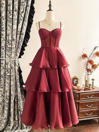 Vintamour Vestido de fiesta elegante y vintage para mujer, vestido midi con corpiño entallado, color vino tinto, apto para todas las estaciones, ropa de San Valentín, vestidos de mujer elegantes para invitada de boda, vestidos rojos elegantes y sofisticados, vestidos de noche elegantes y formales