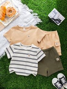 SHEIN 4 Stücke/Set buntes Baby Mädchen & Jungen Dekor-Text-Set aus Sommer Baumwoll-Strick mit Rundhalsausschnitt, Kurzarm, Drop-Shoulder und elastischer Taille Cargo Shorts, geeignet für Urlaub, Zuhause, Schule