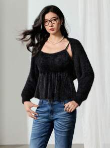 EastFlair 2pcs Women Winter Thick Knit Suspender Strap Jumper Dress Set/Summer - Black - View 3