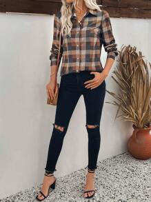 EMERY ROSE Plaid Button Front Shirt,Long Sleeve Tops Fall Cloth For Women - Multicolor - View 6