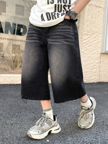 SHEIN Teen Boy Fashion Casual Y2k Black Loose Wide-Leg Three-Inch Jeans For Teen Boy Clothes Boys Soft Dailywear And Teen Boy Summer And Spring Clothes - Black - View 1