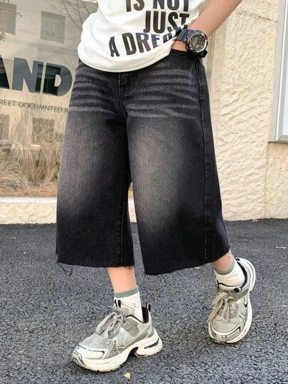 SHEIN 青少年男童时尚休闲 Y2K 黑色宽松阔腿三英寸牛仔裤，适合青少年男童日常穿着，柔软舒适，也适合青少年男童春夏穿着。