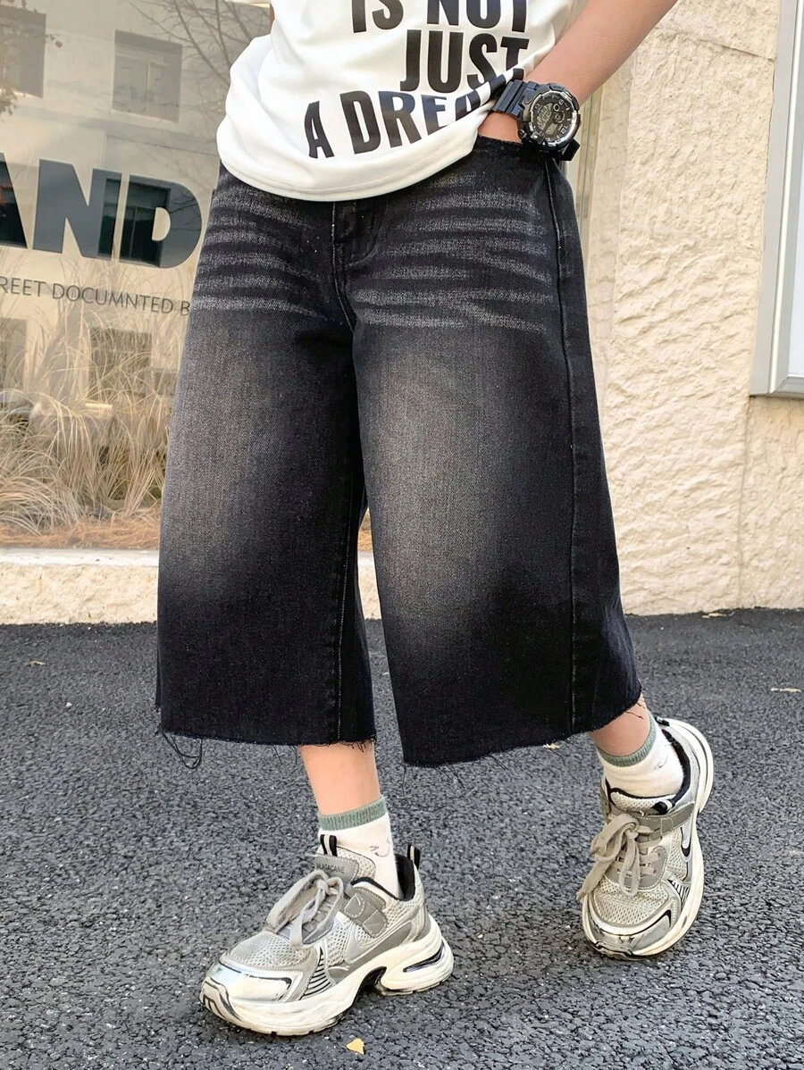 SHEIN Teen Boy Fashion Casual Y2k Black Loose Wide-Leg Three-Inch Jeans For Teen Boy Clothes Boys Soft Dailywear And Teen Boy Summer And Spring Clothes - Black - View 1