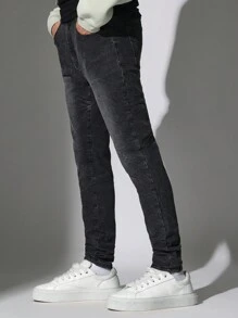 SUMWON Premium Skinny Fit Distressed Jeans, High-Performance Stretch Denim, Urban Streetwear Essential, Fall Winter Fashion, Versatile Casual Wear - Black - View 2