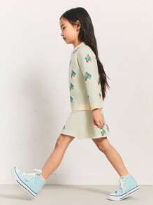 SHEIN Suéteres de manga larga con cuello redondo y estilo raglan con estampado floral colorido para niñas jóvenes - Beis - Ver 6
