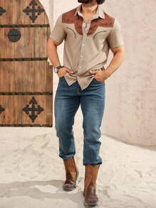 Manfinity Homme 男士植物印花撞色短袖休闲衬衫