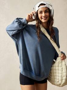 VARSITIE Crew Neck Long Sleeve Washed Blue Relaxed Casual Sweatshirt - Blue - View 3