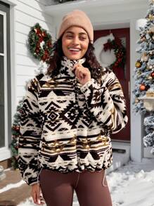 In My Nature 女式几何图案插肩袖长袖拉链部分翻领蓬松户外运动衫，秋冬 - 彩色 - 查看 7