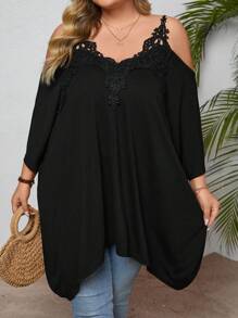 SHEIN CURVE+ Plus Size Summer Lace Collar Floral Patchwork Cold Shoulder Asymmetrical Hem T-Shirt Boho Vacation