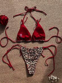 Swim SXY Summer Leopard Print Bowknot Front Halter Spaghetti Strap Bikini Swimwear Set For Women