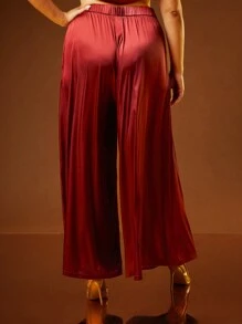Hauture Summer Women Outfit, Women Clothes, Women Plus Size Burgundy Satin Solid Color Loose Simple Design Long Wide Pants, Casual Daily Wear, Women Pants, Wide Leg Pants. For Date Night, Concerts, Performances, Parties, Clubs, Evening, Music Festivals