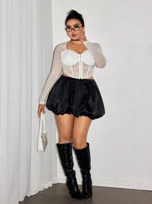 SHEIN ICON Plus Size Black Pleated Bubble Skirt, Casual For Everyday Wear