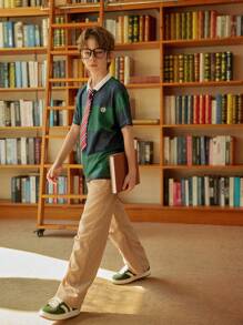 SHEIN Explorewe 2pcs/Set Tween Boys Casual Blue & Green Stripe Polo Shirt + Simple Loose Pants, Spring/Summer School & Outdoor Outfit - Multicolor - View 1