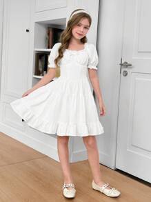 SHEIN Leap Crew Vestido de línea A con volantes en el bajo, manga corta con volantes y lazo delantero, color blanco sólido, elegante, para niña preadolescente, atuendo de princesa, para uso diario, para vacaciones - Blanco - Ver 9