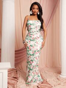 SHEIN SXY Spring And Summer New Year Wedding Season Elegant Romantic Valentine's Day Dating Essentials Light Pink Floral Print High Stretch Mesh Large Backless Detail Ruffle Trim Trim Pleated Long Dress - Multicolor - View 5