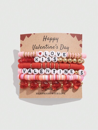 Kawaii 6pcs/Set Romantic Heart Shaped Beaded Bracelets, Valentine's Day Gift For Women,Mom,Mother,Mother's Day,Gift