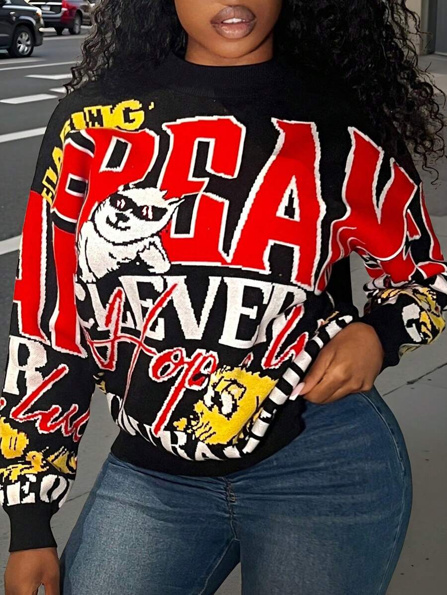 Slaydiva Holiday New Year Valentine's Day Autumn & Winter Casual Simple Round Neck Long Sleeve Normal Shoulder Slogan Logo Animal Pattern Woolen Women Sweater