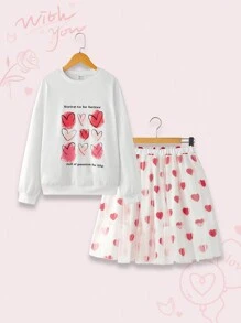 2pcs Teen Girl Long Sleeve Round Neck Top And Net Skirt Set - Multicolor - View 1