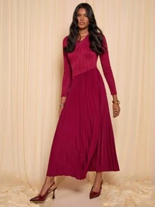 COSMINA 栗色女士提花不对称长款针织连衣裙 - 酒紅色 - 查看 6