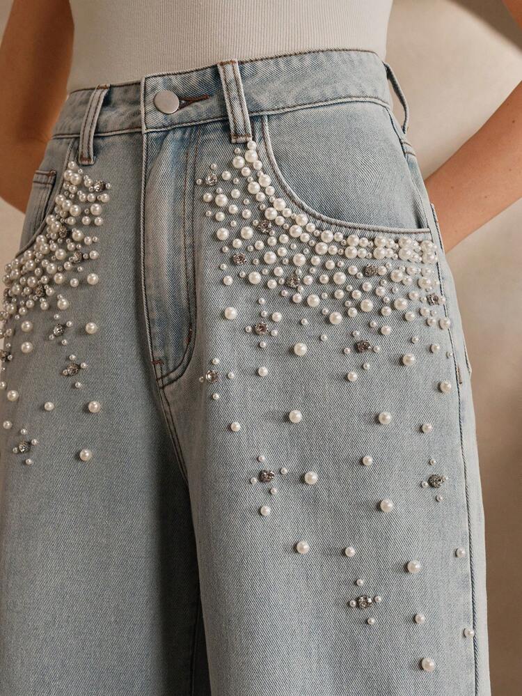 Women's Fashionable Glittering Beaded Straight Leg Jeans, Suitable For Spring And Summer, Mother's Day Gift