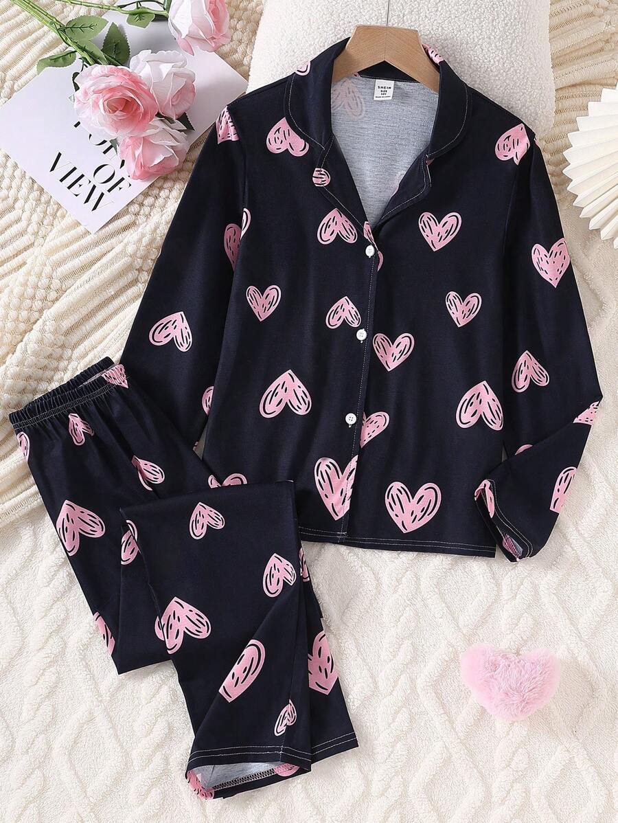 Tween Girl Black Base Heart Letter Print Casual Flame Retardant Long Sleeve Shirt And Pants 2 Pieces Loungewear Set - Royal Blue - View 1