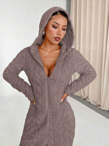 Flirla Women's Solid Color Plush Hooded Long Sleeve Deep V Sexy Jumpsuit (Random Cut)