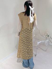 FRIFUL Damen Mesh Langarmshirt mit Hohlmuster, minimalistisch, stilvoller Lässig-Look für den Alltag, kariert