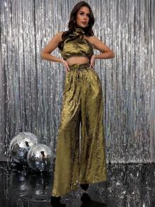 SHEIN Privé Set de 2 piezas con top sin mangas de cuello alto con lentejuelas doradas y pantalones de pierna ancha, atuendo lujoso para ir al trabajo o de vacaciones, ideal para el Día de San Valentín - Dorado - Ver 4