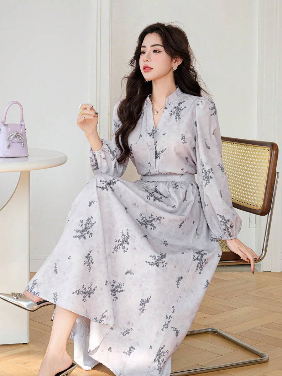 DAZY 女士花卉印花 V 领灯笼袖衬衫和 A 字裙 2 件套