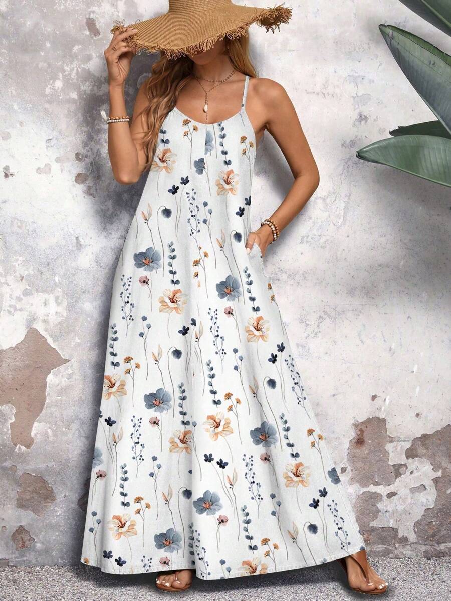 EMERY ROSE Women's Casual White Denim Maxi Dress With Floral Print, Spaghetti Strap Sleeveless Summer Dress With Pockets - White - View 1