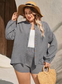 SHEIN VCAY 2 件套大码女式格子单排扣衬衫和短裤休闲装，秋季 - 黑與白 - 查看 2