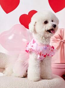 PETSIN 1pc Pink Heart Print Peplum Tulle Bow Decor Cute Princess Dog Dress, Fits Most Pets, Valentines Day' - Multicolor - View 2