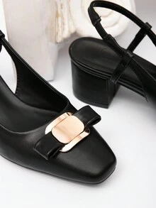 CUCCOO CHICEST Women's Classic Black Comfortable Square Toe Slip-On Mid Heel Shoes, Metallic Bow Design, Faux Leather Versatile Pumps For Commute, Dating, Afternoon Tea, Party, Sweet Lady For Christmas - Black - View 6