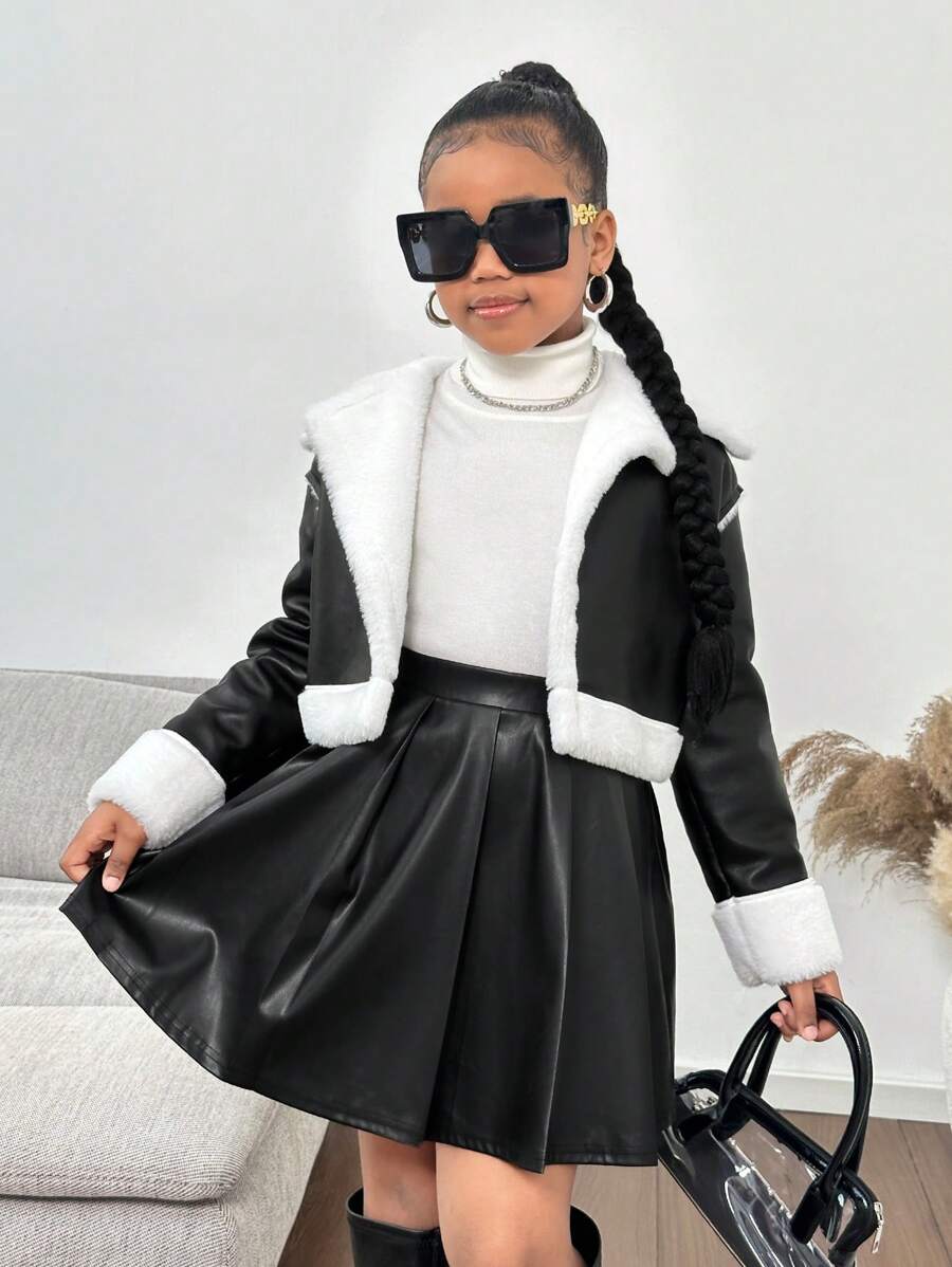 SHEIN Tween 女童宽松撞色纯黑色 PU 皮革和蓬松衬里机车夹克，街头风格，舒适翻领保暖羊毛短夹克，长袖泰迪衬里短款 PU 皮夹克，适合秋冬季 - 黑色 - 查看 1