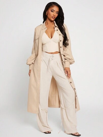 SHEIN SXY Women's Casual Solid Color Lantern Sleeve Trench Coat, Autumn