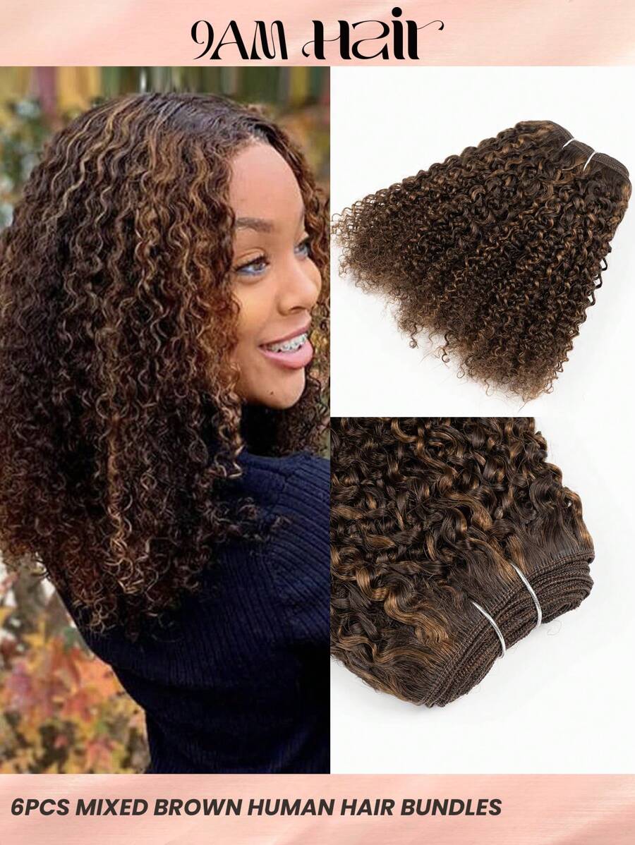 6pcs Jerry Curl Human Hair Weave Bundles Highlight Brown Color - S4/30 - View 1